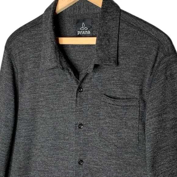 prAna Mens Beau Button Up Shirt Size L Wool Blend Outdoor Travel Hiking Charcoal - Picture 3 of 7